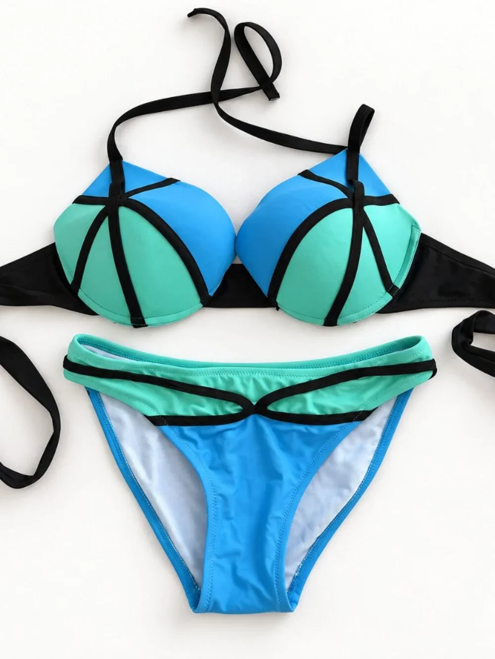 Aqua Blue Black Underwire High-Waist Bikini Set